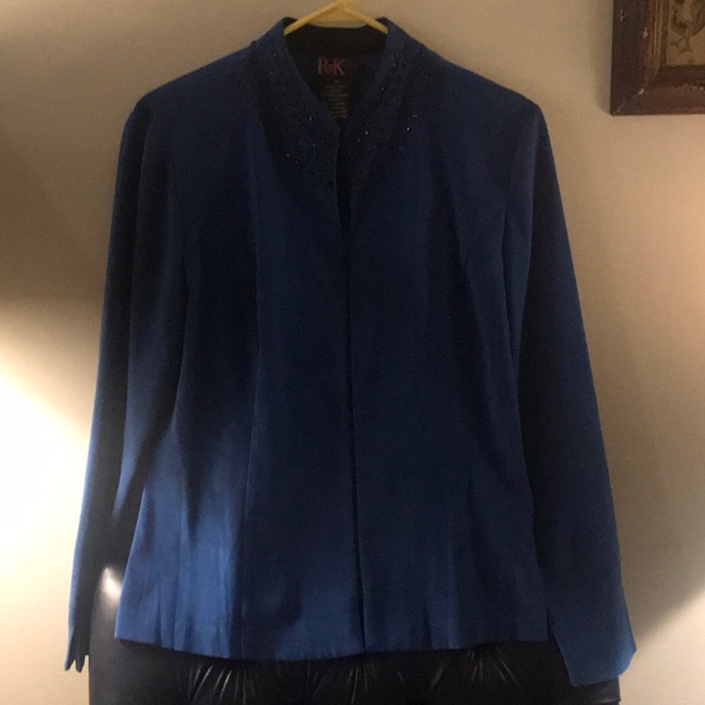 Cobalt blue fitted jacket with black beaded neck